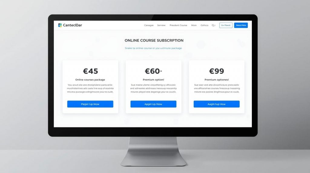 Pantalla de ordenador con tees modelos de suscripción para un curso online