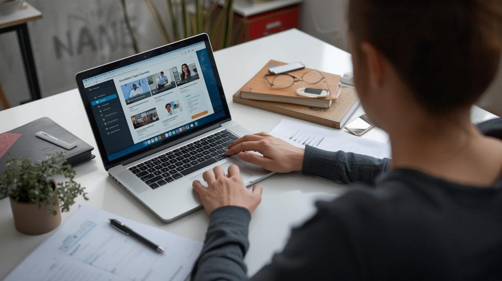 Alumna utilizando una plataforma de cursos online con aountes en la mesa
